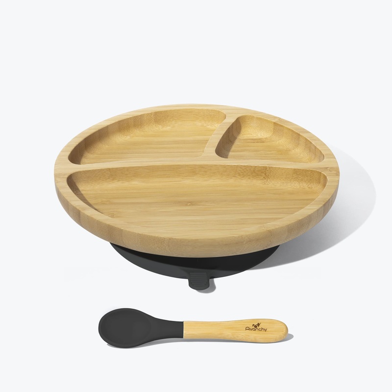 Avanchy Bamboo Suction Toddler Plate + Spoon - Black