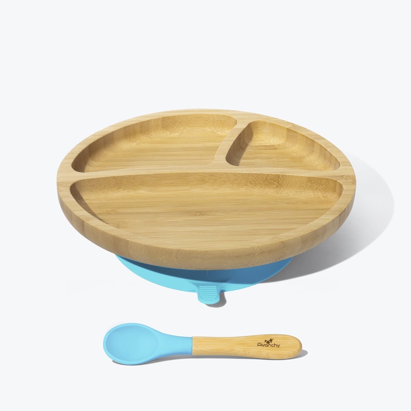 Avanchy Bamboo Suction Toddler Plate + Spoon - Blue
