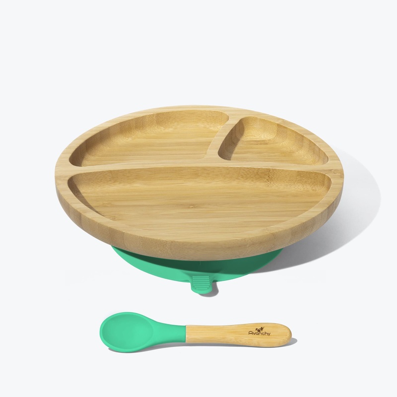 Avanchy Bamboo Suction Toddler Plate + Spoon - Green