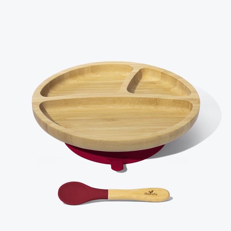Avanchy Bamboo Suction Toddler Plate + Spoon - Magenta