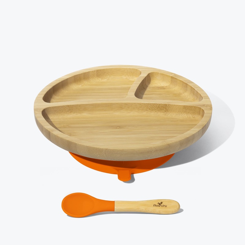 Avanchy Bamboo Suction Toddler Plate + Spoon - Orange