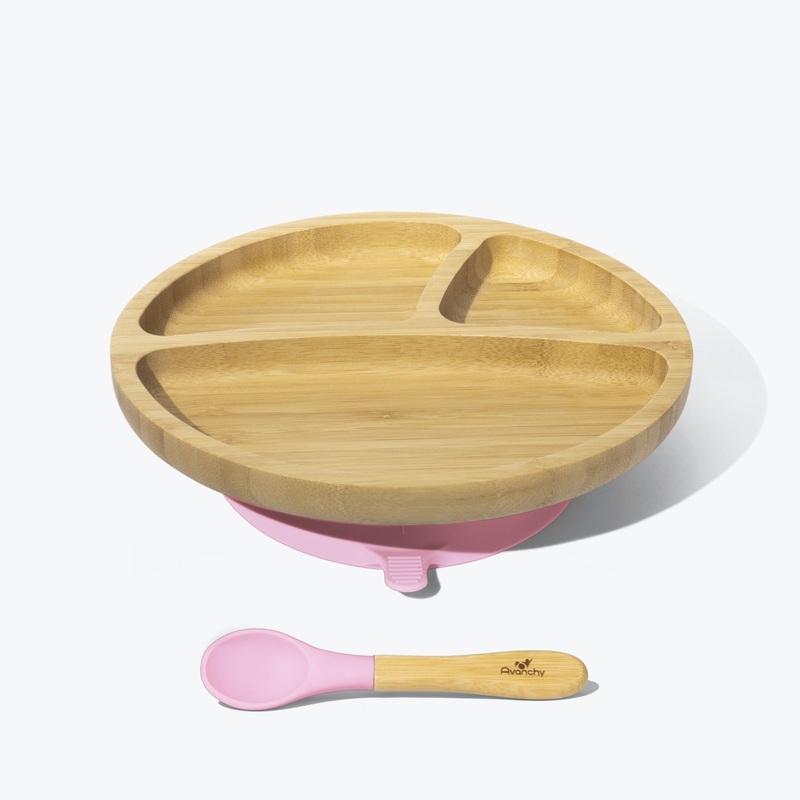 Avanchy Bamboo Suction Toddler Plate + Spoon - Pink