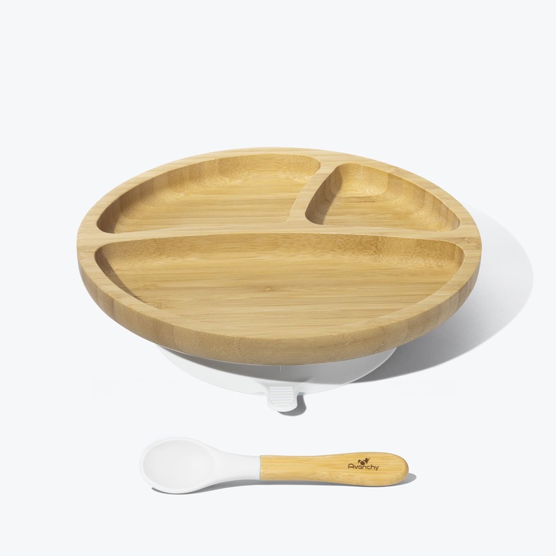 Avanchy Bamboo Suction Toddler Plate + Spoon - White