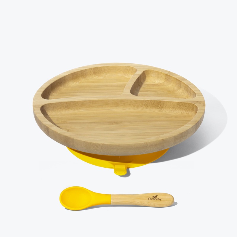 Avanchy Bamboo Suction Toddler Plate + Spoon - Yellow