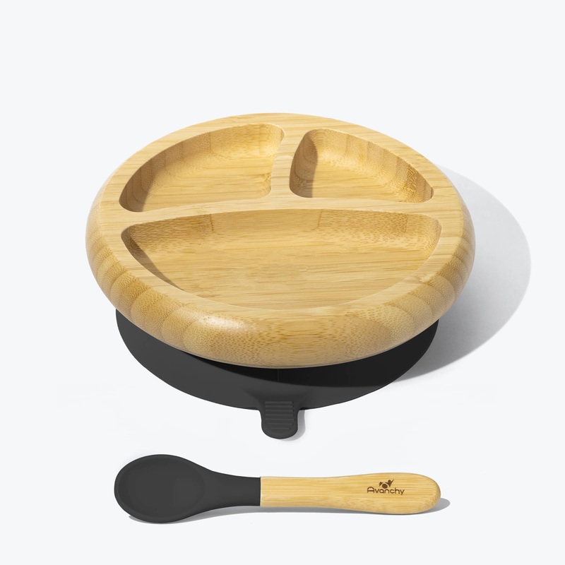 Avanchy Bamboo Suction Baby Plate + Spoon - Black