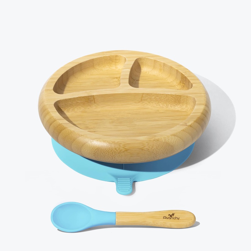 Avanchy Bamboo Suction Baby Plate + Spoon - Blue