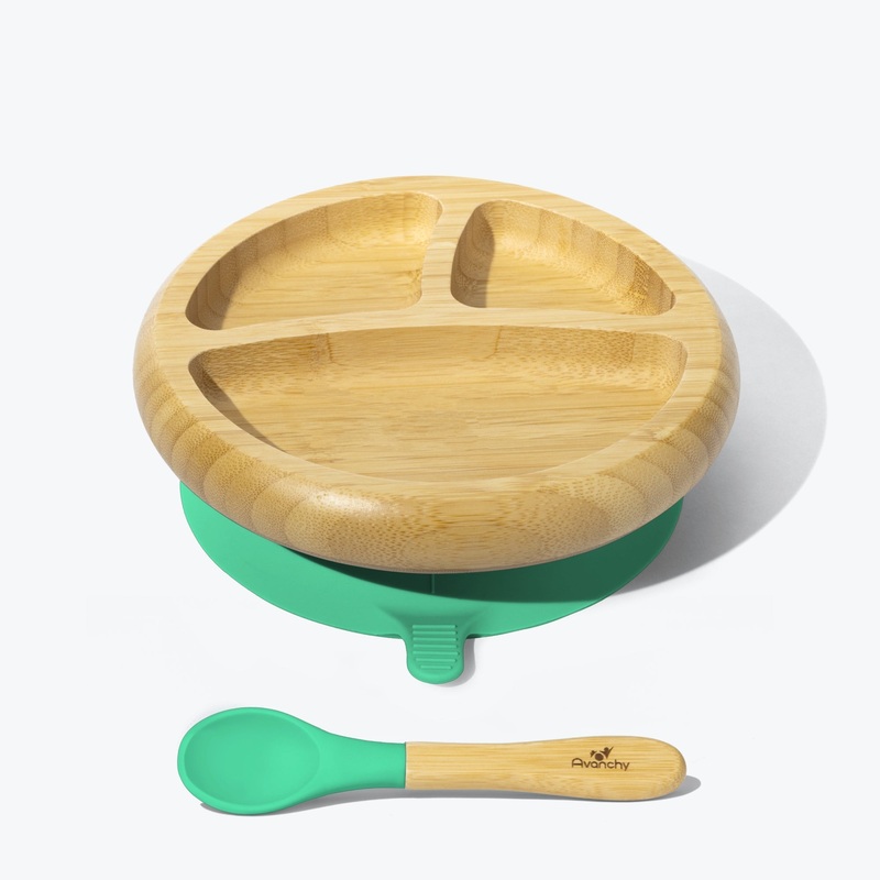 Avanchy Bamboo Suction Baby Plate + Spoon - Green