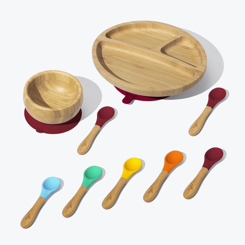 Avanchy Rainbow Toddler Collections (Baby Divided Plate + Bowl + 7 Spoons) - Magenta