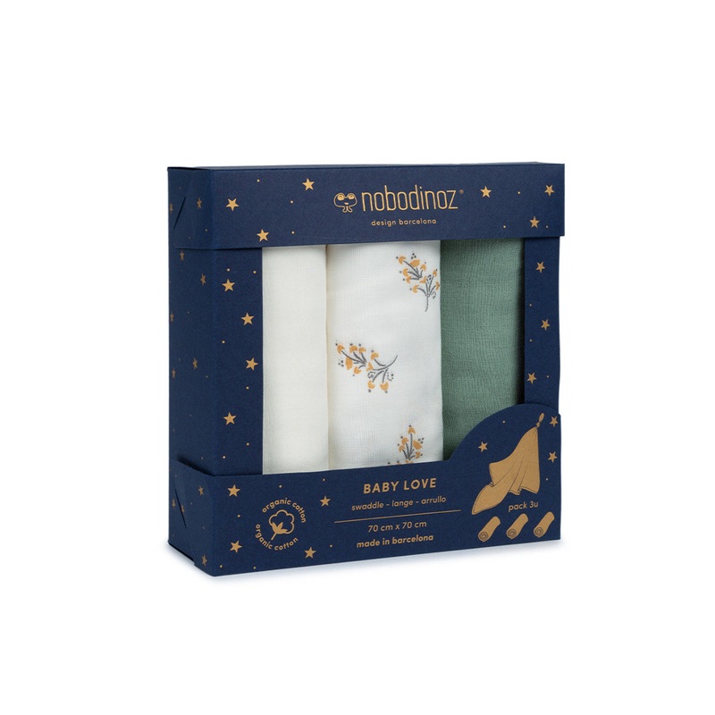 nobodinoz Box 3U Baby Love Swaddles Pack Flore