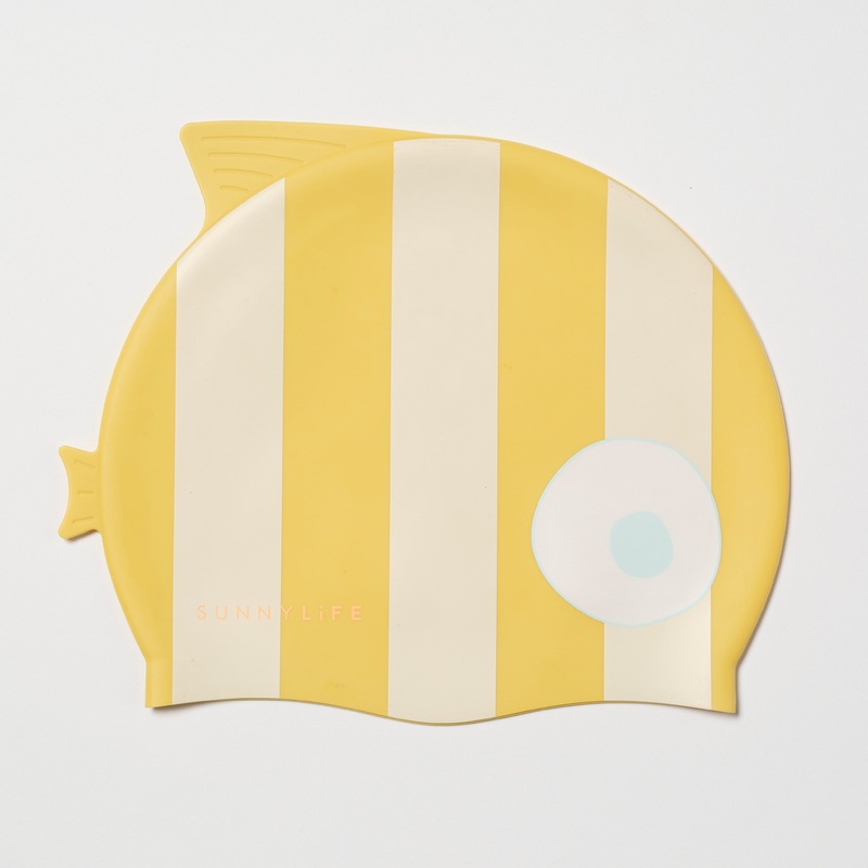 SUNNYLiFE Kids Swimming Cap Finn The Fish Mustard Stripe
