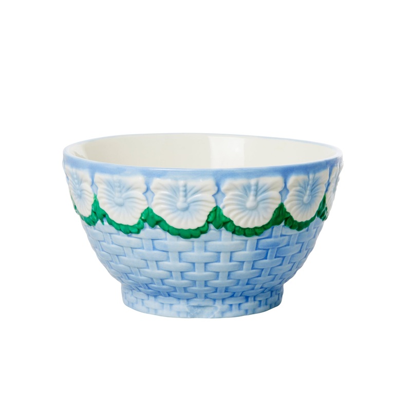 Rice DK Ceramic Bowl with Embossed Flower Design - Blue
