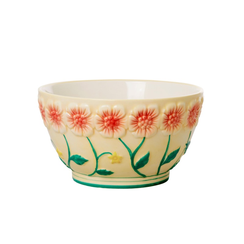 Rice DK Ceramic Bowl with Embossed Flower Design - Creme