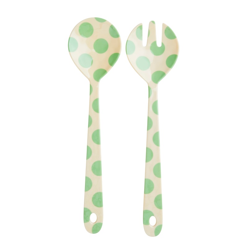 Rice DK Melamine Salad Spoon and Fork with Green Dots Print
