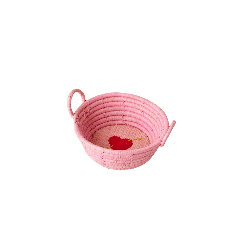 Rice DK Raffia Round Basket with Heart - Soft Pink - Mini