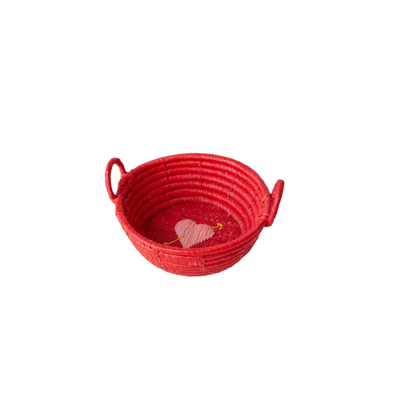 Rice DK Raffia Round Basket with Hearts - Red - Mini