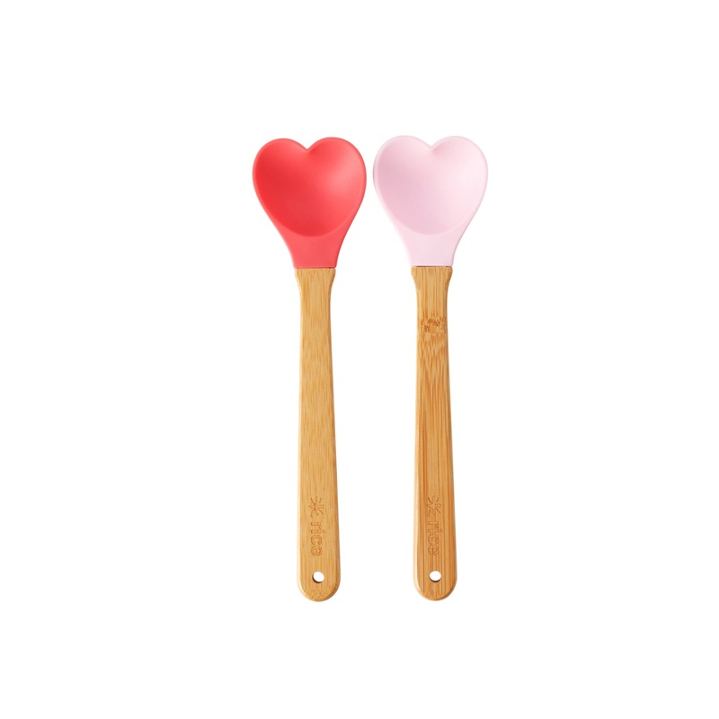 Rice DK Silicone Spoon in Mini Heart Shape with Bamboo Handle - Set of 2 - Red and Pink
