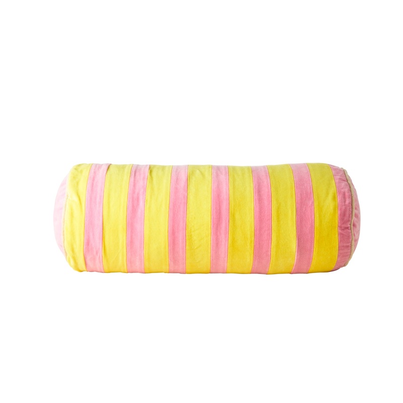 Rice DK Velour Bolster Pillow with Pink and Yellow Stripes - Medium Pink and Yellow