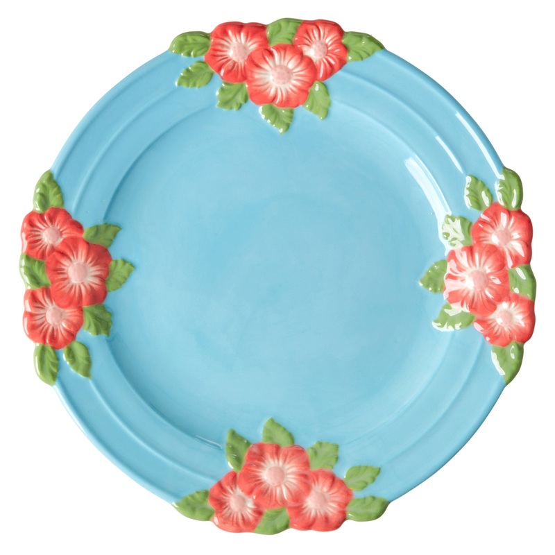 Rice DK Ceramic Dinner Plate with Embossed Flower Design - Soft Blue