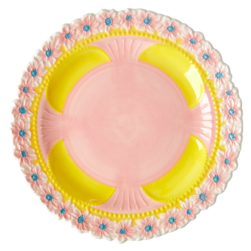 Rice DK Ceramic Dinner Plate with Embossed Flower Design - Yellow
