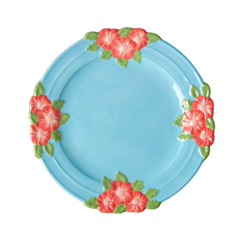 Rice DK Ceramic Lunch Plate with Embossed Flower Design - Soft Blue