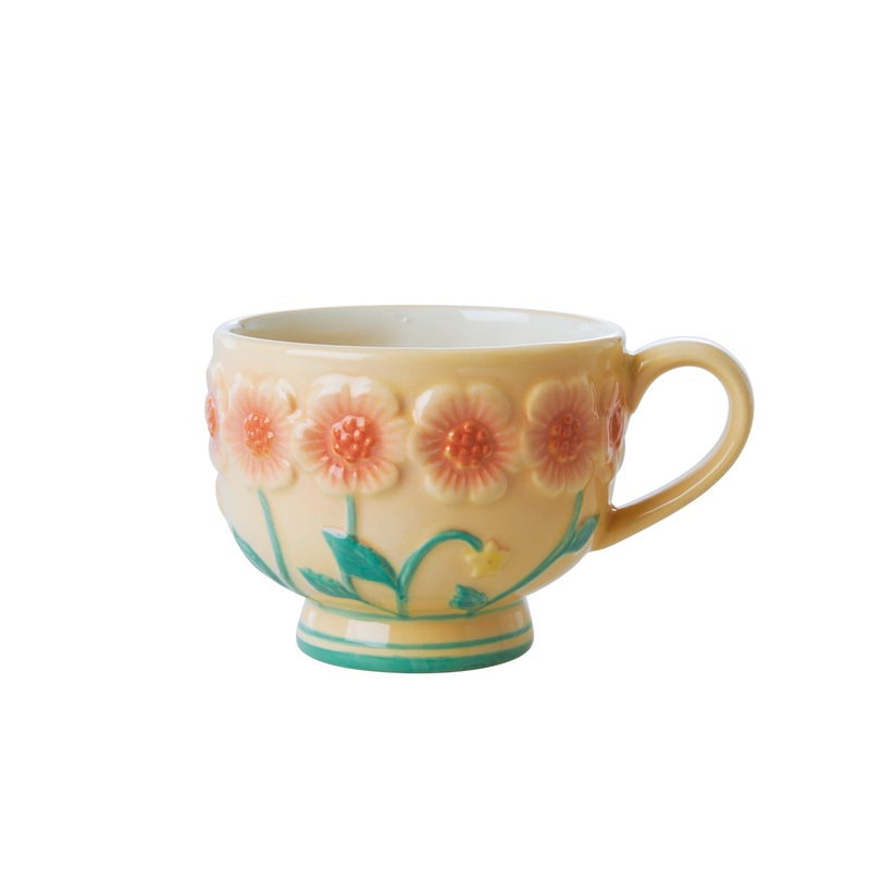 Rice DK Ceramic Mug with Embossed Flower Design - Creme