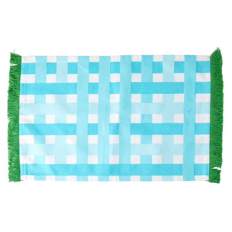 Rice DK Cotton Placemat with Artic Blue Check Pattern and Green Tassels