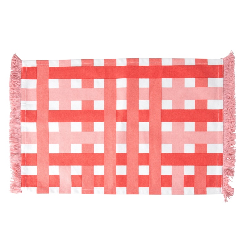 Rice DK Cotton Placemat with Red Check Pattern and Pink Tassels
