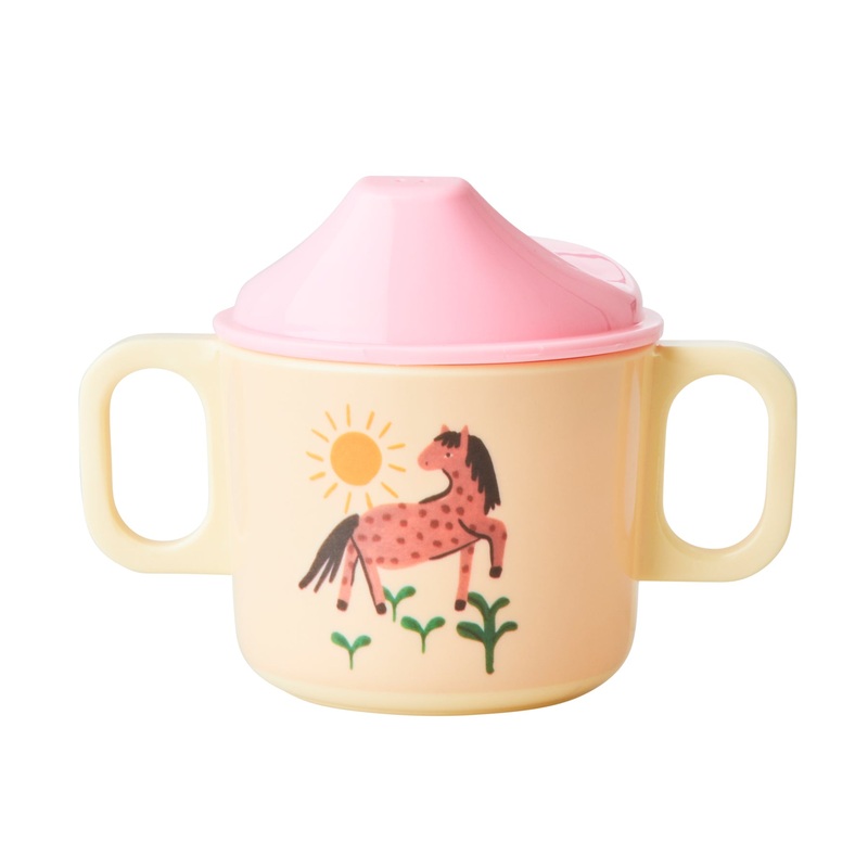 Rice DK Melamine 2 Handle Baby Cup with Soft Pink Farm Print