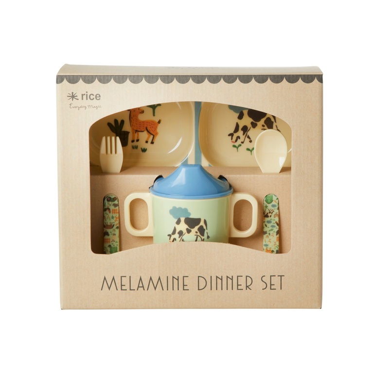 Rice DK Melamine Baby Dinner Set in Gift Box - Blue Farm Print - 4 pcs