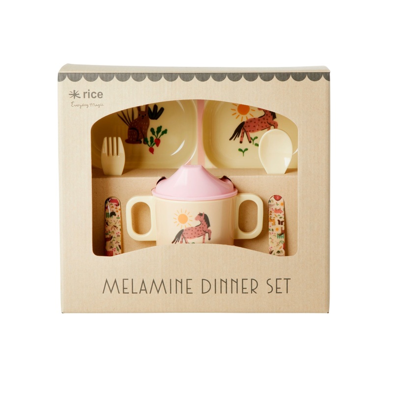Rice DK Melamine Baby Dinner Set in Gift Box - Soft Pink Farm Print - 4 pcs