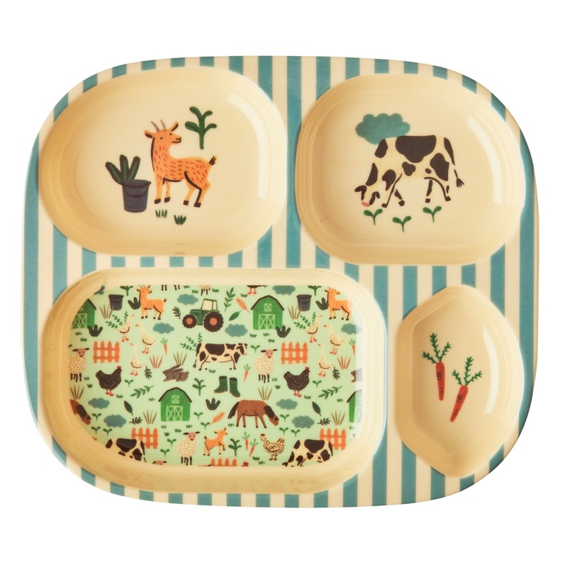 Rice DK Melamine Kids 4 Room Plate with Blue Farm Print