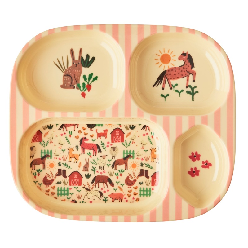 Rice DK Melamine Kids 4 Room Plate with Soft Pink Farm Print