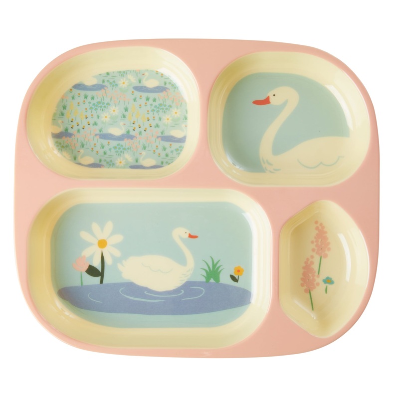 Rice DK Melamine Kids 4 Room Plate with Swan Print
