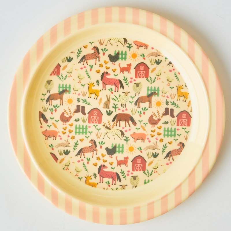 Rice DK Melamine Kids Lunch Plate with Soft Pink Farm Print