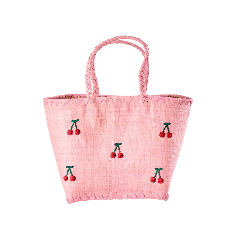 Rice DK Raffia Bag in Pink with Cherries - Raffia Handles - Medium