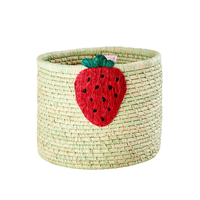 Rice DK Raffia Basket in Green with Strawberry Embroidery