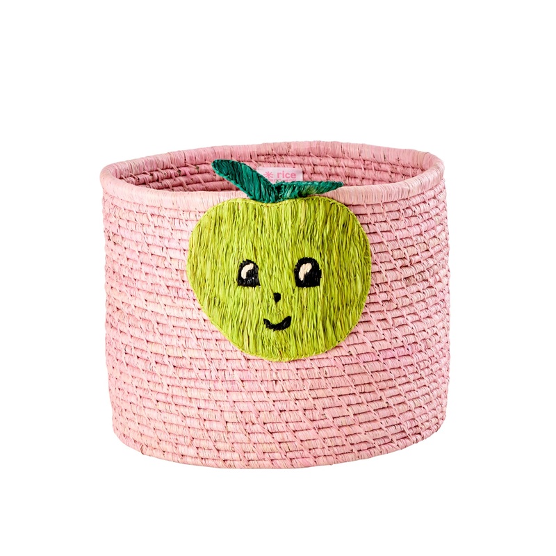 Rice DK Raffia Round Basket in Pink with Apple Embroidery