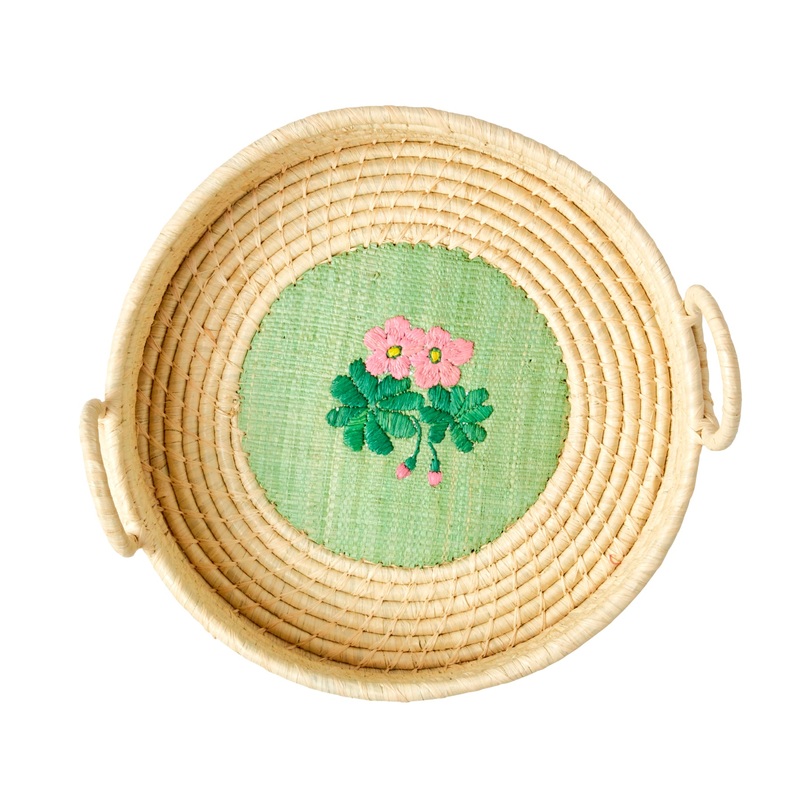 Rice DK Raffia Round Bread Basket with Flower Embroidery - Pale Green