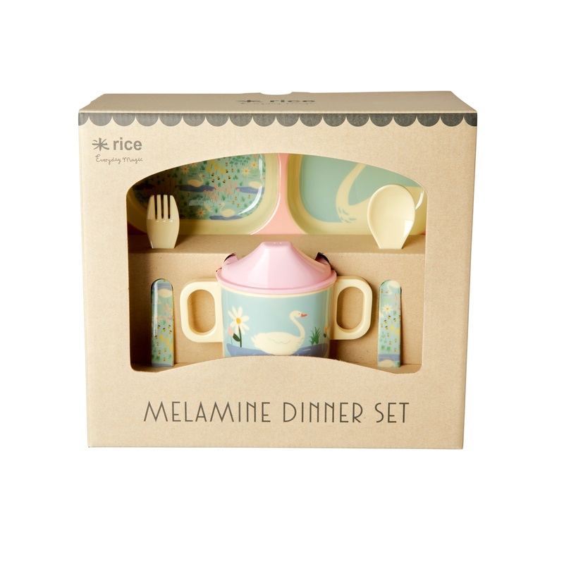Rice DK Melamine Baby Dinner Set in Gift Box - Swan Print - 4 pcs