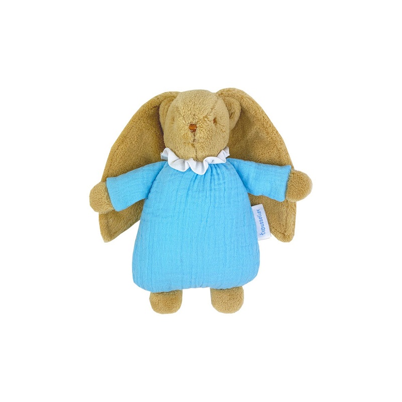Trousselier Lapin Nid D'ange Doudou Avec Hochet 20cm - Coton Bio Bleu Ciel