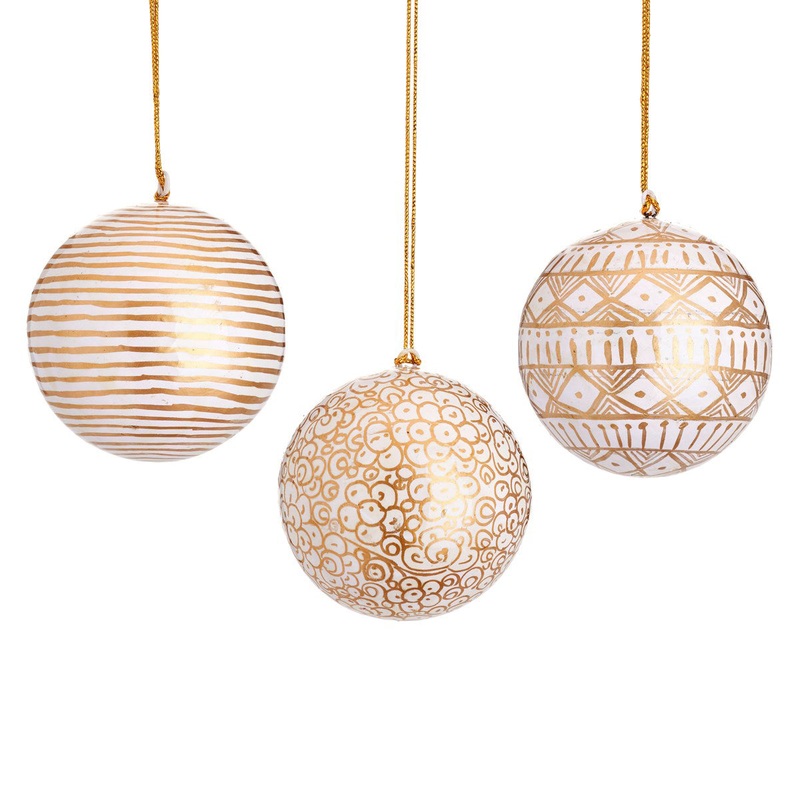 RJB Stone White and Gold Papier Mache Baubles (1pc)