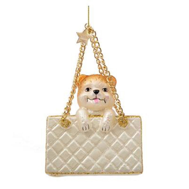 Vondels Ornament Glass Champagne Matt Fashion Bag with Dog H7cm