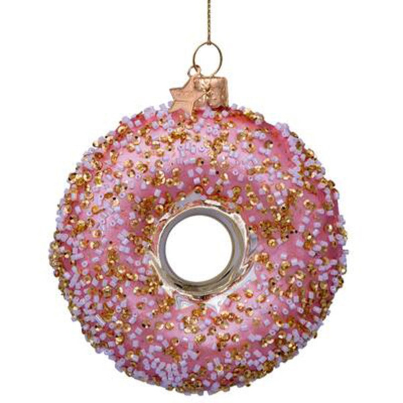 Vondels Ornament Glass Gold/Pink Donut with Decoration H11cm