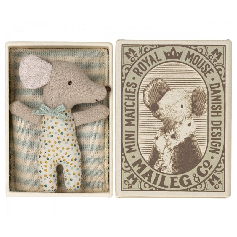 Maileg Sleepy/Wakey Baby Mouse in Matchbox - Blue