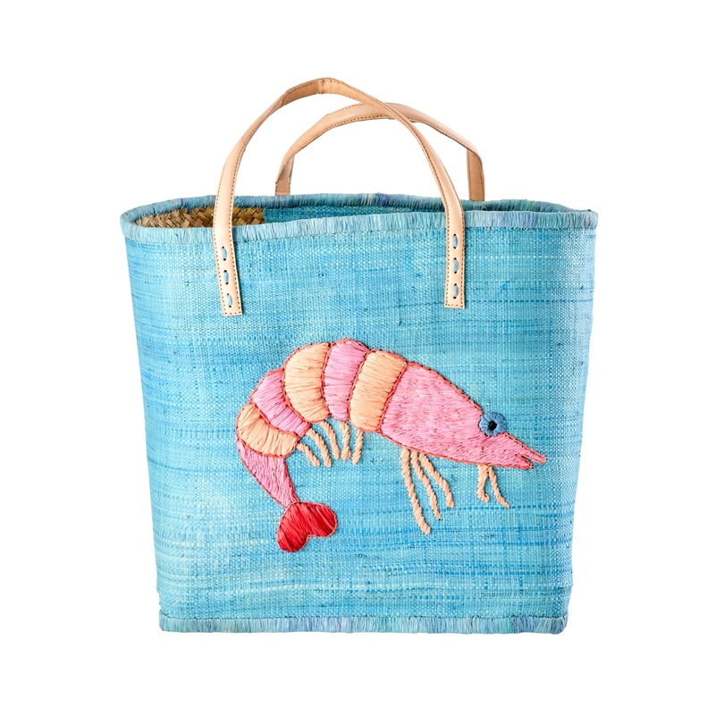 Rice DK Raffia Bag in Blue with Embroidered Shrimp - Leather Handles - Large