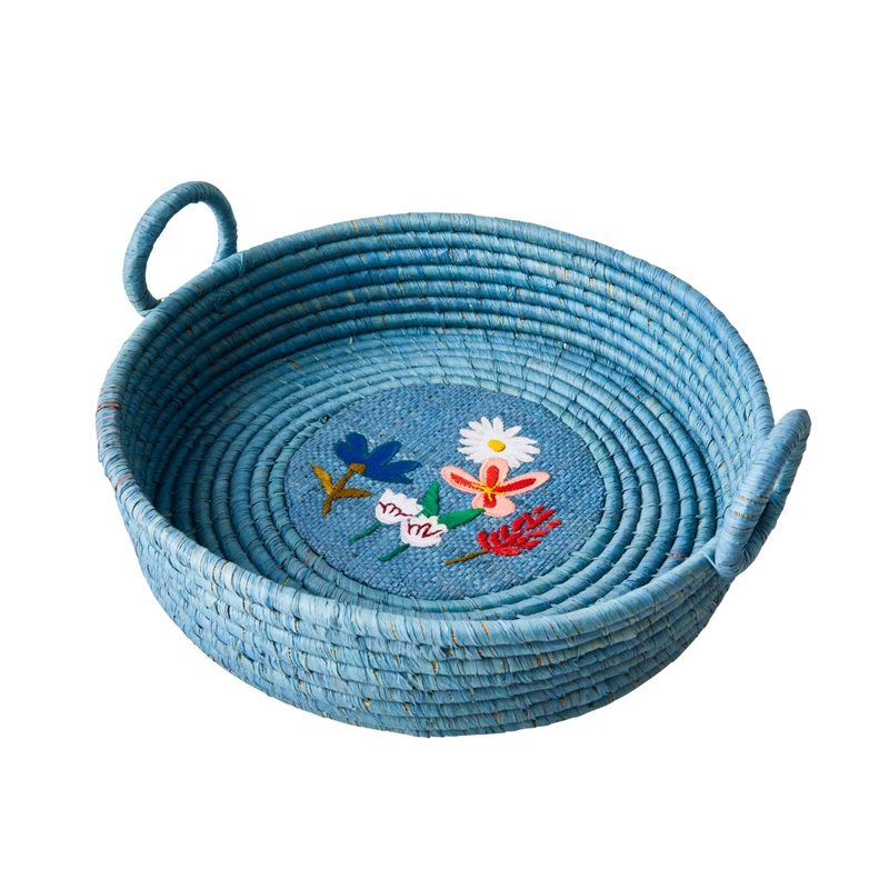 Rice DK Raffia Round Bread Basket with Flower Embroidery - Blue