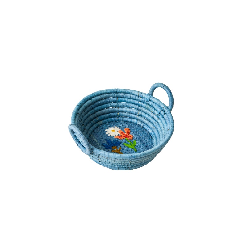 Rice DK Raffia Round Bread Basket with Flower Embroidery Blue Small