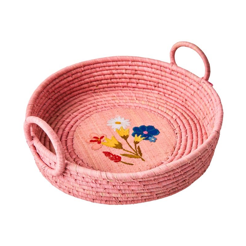 Rice DK Raffia Round Bread Basket with Flower Embroidery - Pink