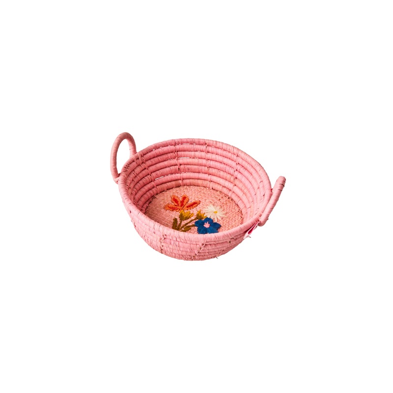 Rice DK Raffia Round Bread Basket with Flower Embroidery Pink Small