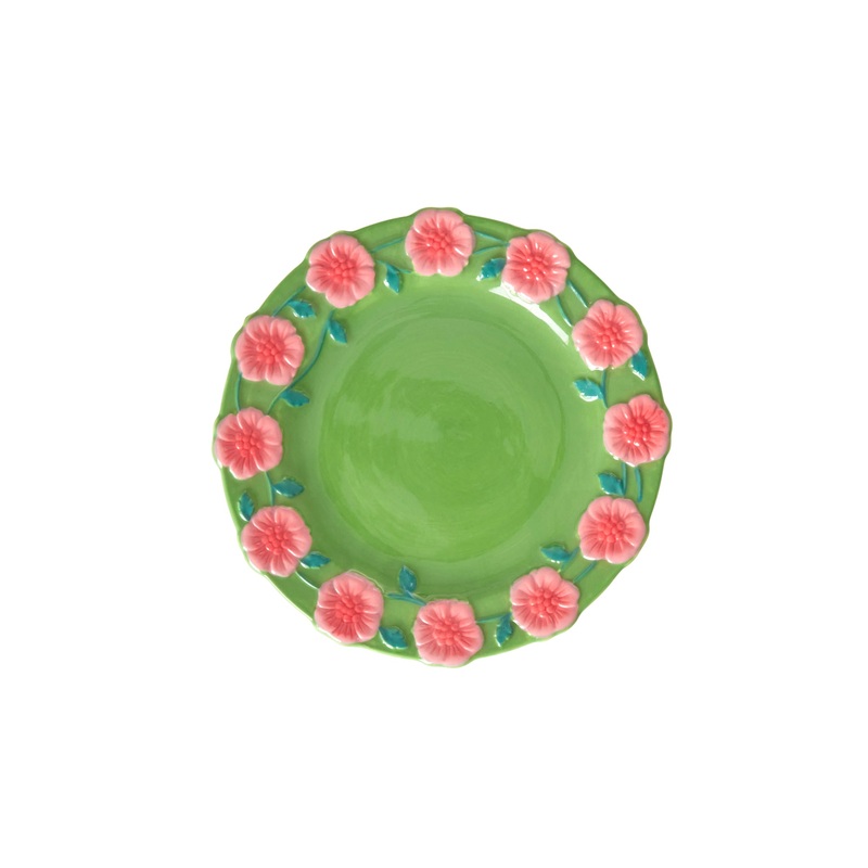 Rice DK Ceramic Cake Plate with Embossed Flower Design - Green